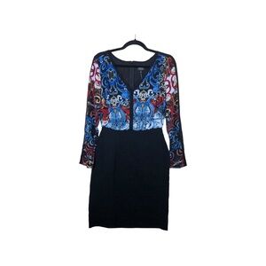 Nicole Miller Red Blue Black Boho Paisley Print Long Sleeves Black Skirt Dress 4